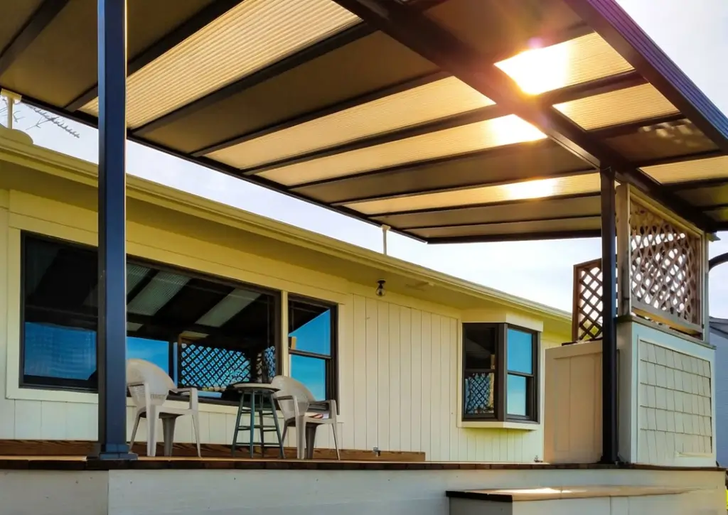 A sunny patio featuring a roof that allows sunlight to filter through, enhancing the outdoor ambiance.