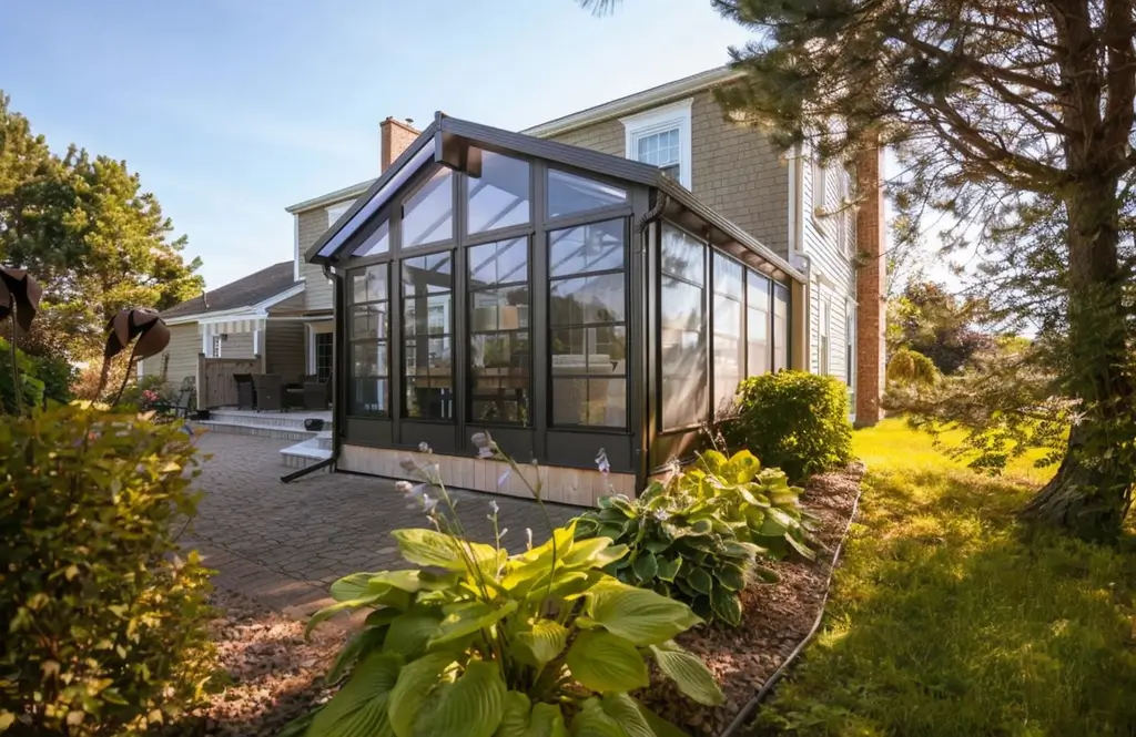 A residence with a large, stylish glass enclosed porch, ideal for enjoying three seasons, constructed with durable Vinyl.